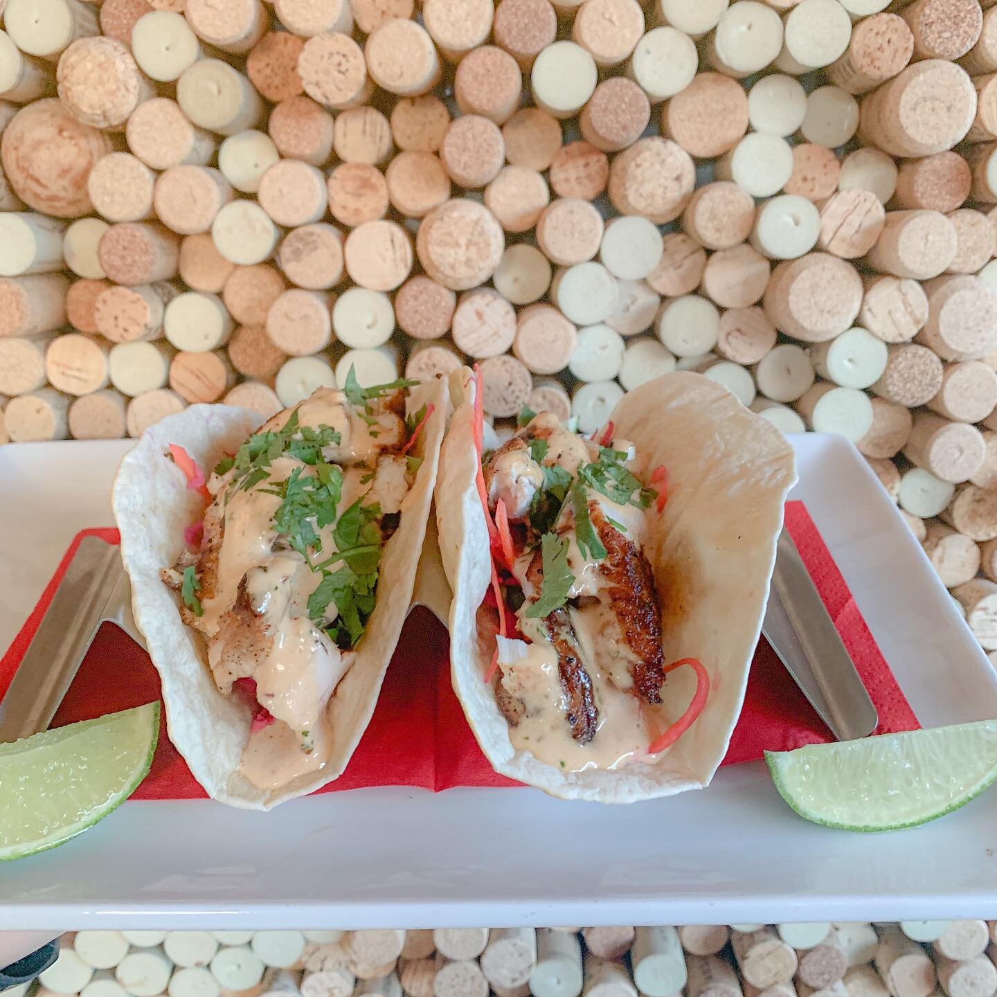 The specials are... Two blackened Mahi Mahi fish tacos with a red cabbage slaw topped with a housemade chipotle lime ranch and cilantro Garnish -$16  The entree special is a pan-seared Statler chicken breast served with potato gratin topped with kale